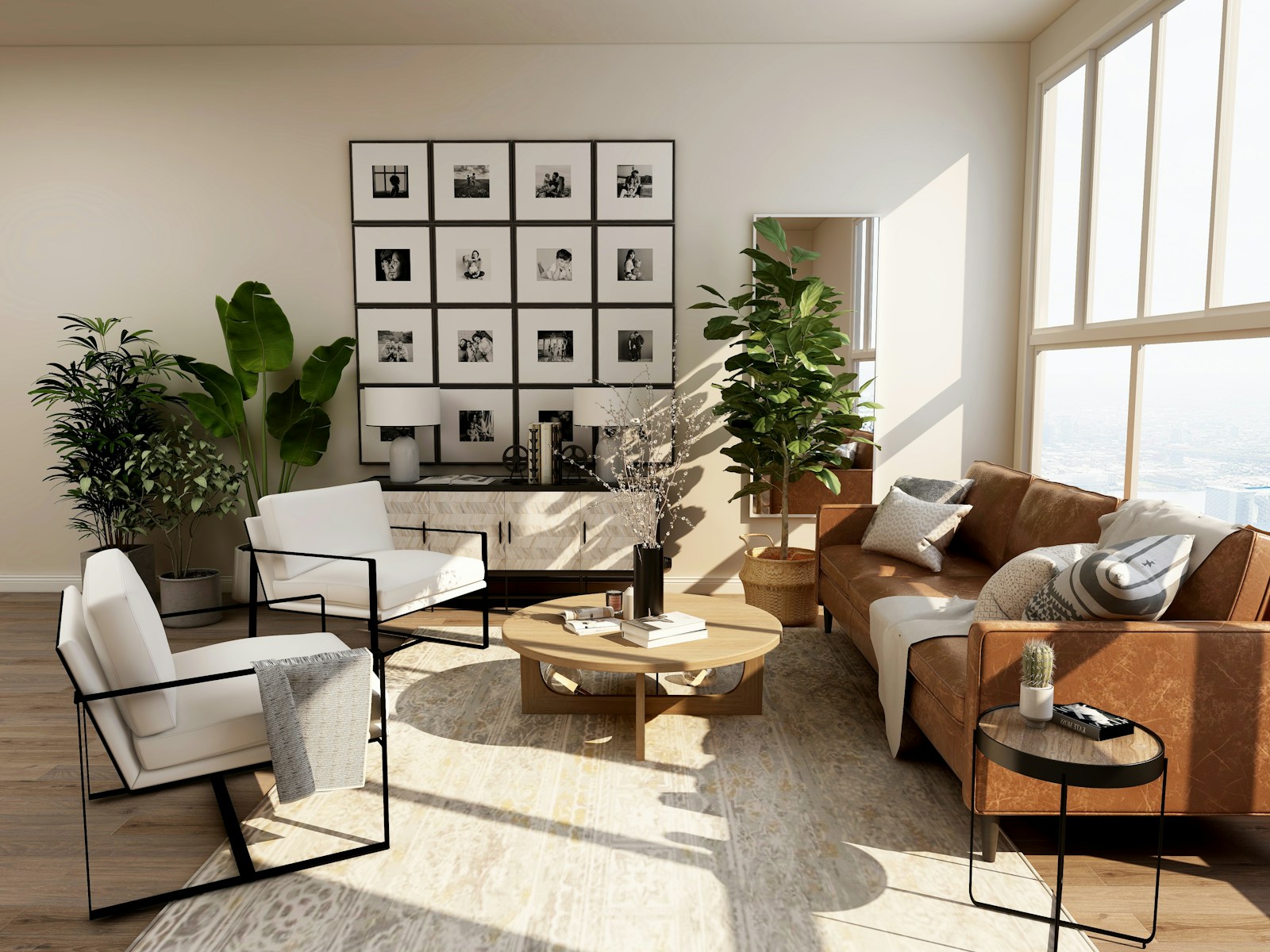 A sunlit living room with familiar furniture, natural wood, and green plants